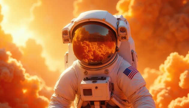 Astronaut in white suit with US flag patch stands against orange sky with clouds. Helmet visor reflects bumpy texture, suggesting Mars exploration or space mission. Future tech, discovery.