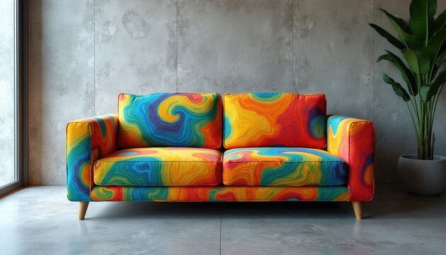 Modern two-seater sofa with vibrant psychedelic swirls pattern upholstery. Contemporary living room furniture with colorful abstract design. Fits modern home decor style.