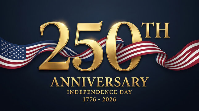 Celebrating 250 Years of Independence with Bold Gold Typography and Patriotic American Flag Ribbon Design