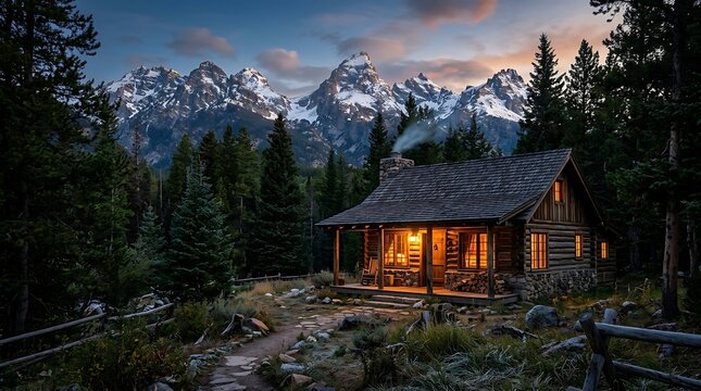 Cozy log cabin with lit windows and porch surrounded by trees and majestic snow capped mountains at dusk with a warm glow emanating from inside the rustic wooden structure.