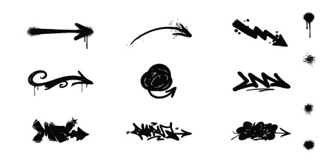 Set of black spray paint graffiti arrows and grunge ink splatters for street art design elements © mahedi