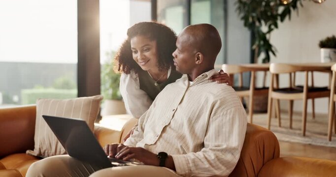 Laptop, hug and couple in home, remote work and care with business advice for project support. African man, woman and freelancer on computer at living room, smile and talking with embrace for love