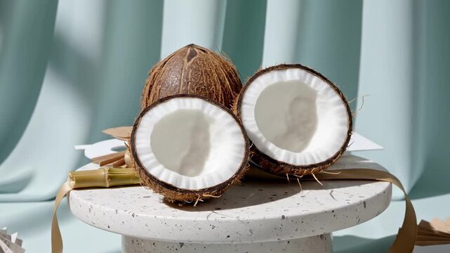 Coconut day contemporary still life with two symmetrical coconut halves and a whole fibrous fruit on a speckled pedestal, accented by folded paper ribbons and softly pleated sage drapery behind them