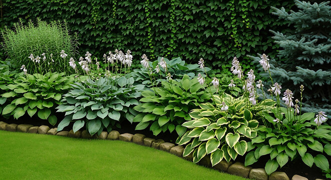 Lush garden with hostas and flowering plants greenery landscaping botanical decoration fragrance beautiful horticulture