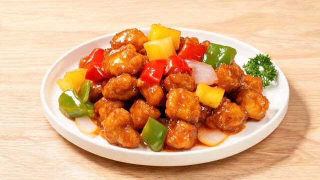 Sweet and Sour Pork (Gu Lu Rou) with Pineapple, Bell Peppers and Onion, Traditional Chinese Cantonese Cuisine
