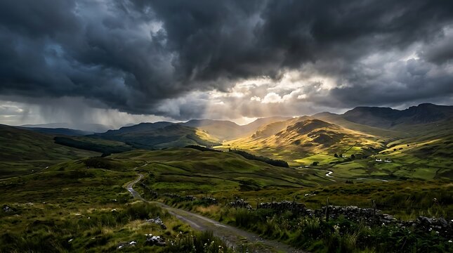 Dramatic landscape of rolling green hills under a stormy sky with sun rays peeking through dark clouds and a winding dirt road leading to distant mountains.