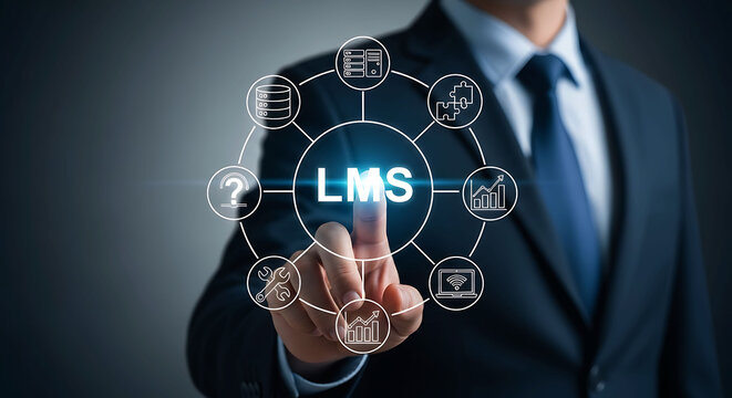 Businessman touching LMS learning management system virtual screen interface icon