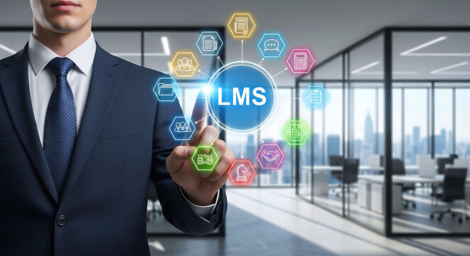 Businessman pointing at LMS learning management system icon on virtual screen