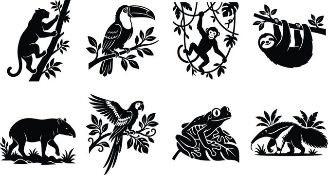 Silhouette Collection of Tropical Rainforest Animals Including Jaguar, Toucan, Monkey, Sloth, and Parrot