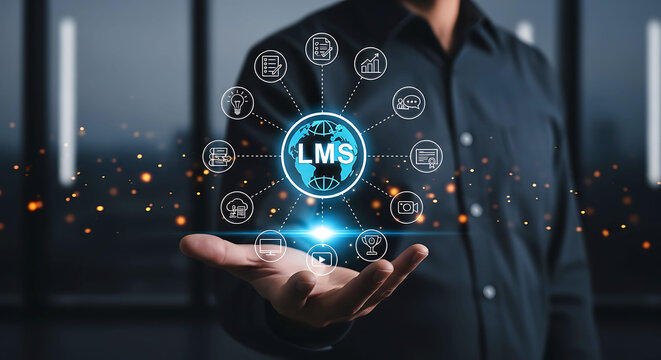 Businessman holding LMS learning management system icon network concept for digital education