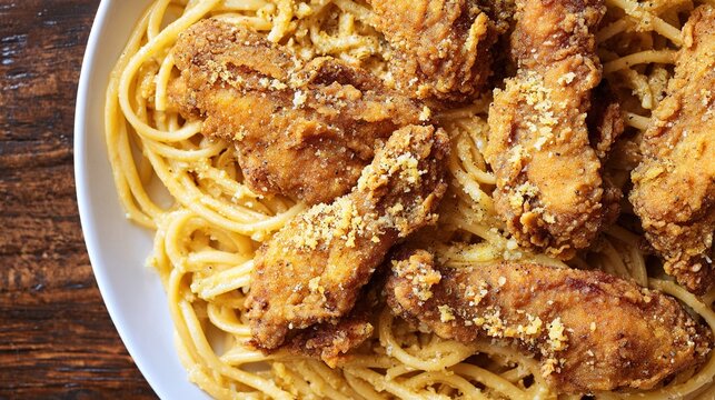 linguine. Golden fried chicken pieces atop linguine pasta, arranged on a rustic wooden table. menu design, packaging mockups, designed for food delivery and cloud-kitchen brand materials.