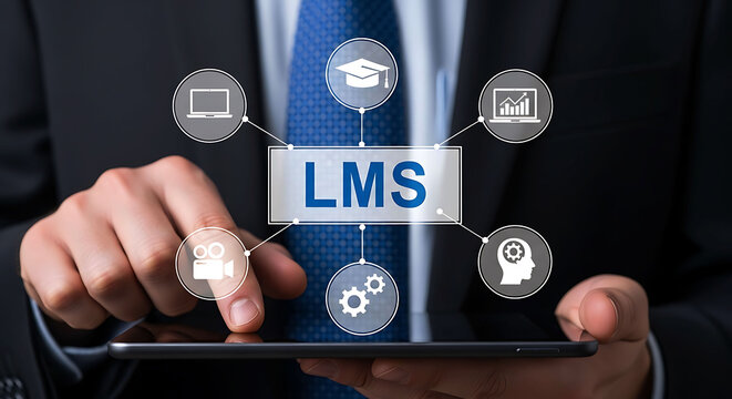 Businessman using digital tablet for LMS learning management system education platform