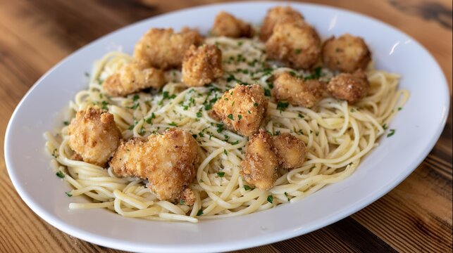 linguine. Golden fried chicken pieces atop linguine pasta, arranged on a rustic wooden table. menu design, packaging mockups, designed for food delivery and cloud-kitchen brand materials.