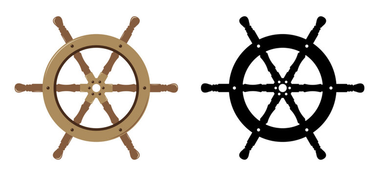 Ship steering wheel icon set with wooden nautical helm and black silhouette isolated on background