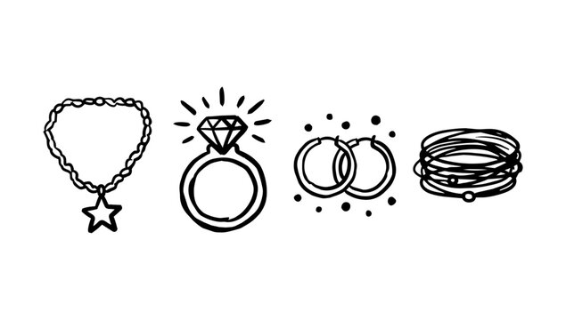 Jewelry accessory doodle line set with heart pendant, gemstone ring, bracelet, and stacked bangles