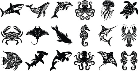 Stylized marine animal silhouette collection featuring sharks, whales, dolphins, octopus, and sea creatures with tribal decorative patterns © MdAsraful