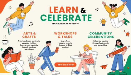 Learn & Celebrate Educational Festival: A vibrant illustration showcasing diverse activities like arts & crafts, workshops, and community celebrations, promoting creativity and learning. © Teko