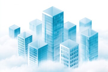 Fototapeta premium Clean isometric illustration of futuristic skyscrapers emerging from clouds, showcasing modern architecture with glass facades and geometric shapes in a bright atmosphere