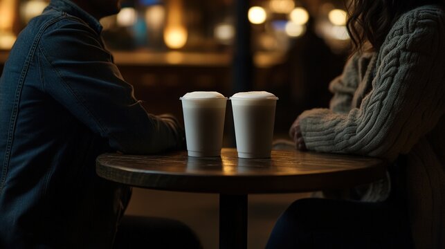 tavern. Two companions sharing a moment over frosted beverage glasses on a wooden table in warm light. bar promotions, beverage menus, designed for food & beverage menus and cafe branding.