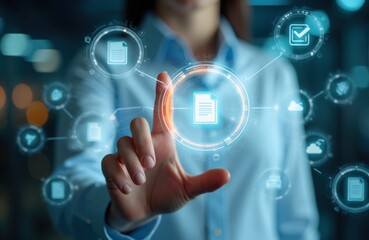 Fototapeta premium Person uses futuristic holographic interface to manage digital files and cloud data. Futuristic tech for data management and business organization.
