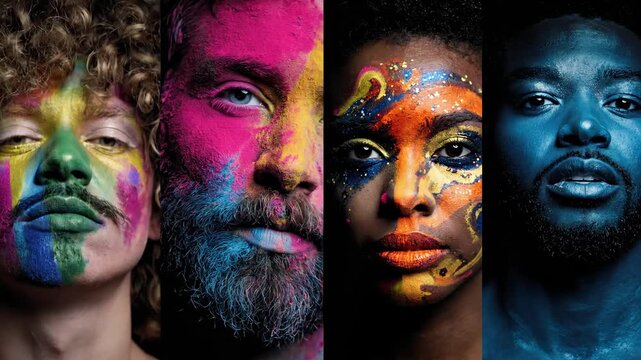 Celebrating cultural diversity through vibrant face paint expressions showcasing a range of ethnic backgrounds, highlighting unity and individuality in a striking visual display