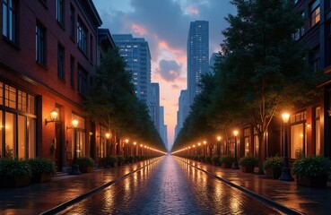 Fototapeta premium Street scene at dusk with wet pavement reflecting warm lights from lampposts and buildings. Tall city structures line the road, shaded by lush green trees under a pastel sky.