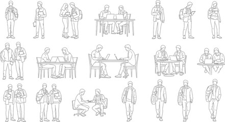 Obraz premium Set of line art people working and studying with laptops in various poses for architectural and design project visualization