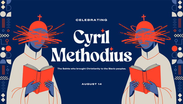 A stylized illustration celebrating Saints Cyril and Methodius, depicting two robed figures with red books and radiating light from their eyes, set against a blue background with geometric patterns.