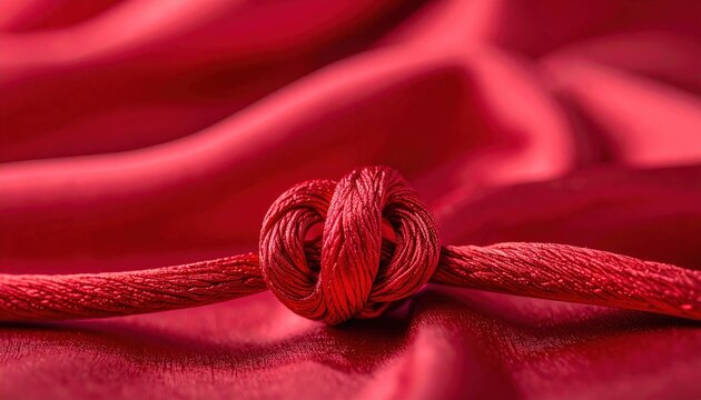 Decorative crimson silk knot detail on luxurious flowing fabric