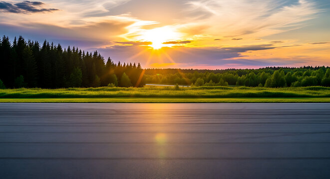 Golden sunset over an empty asphalt road and lush green forest landscape with dramatic clouds and sun rays landscape outdoors tranquil beautiful peaceful