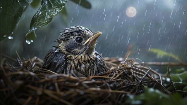 Young bird shivering in rain-soaked nest during storm, close view.