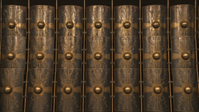 A geometric pattern of Roman shields with metallic reflections in minimalist architectural style.