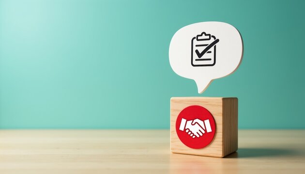 Business deal confirmed with handshake icon and approved checklist in speech bubble. Partnership agreement finalization conceptual art. Team success achieved, teamwork celebrated.