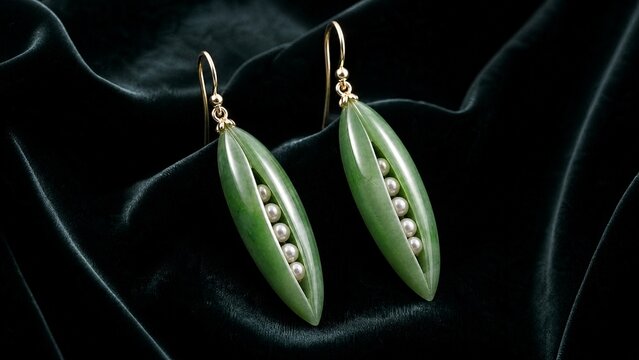 A pair of jade green earrings shaped like seed pods on dark velvet.