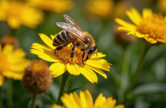 Honeybee pollinating yellow flower in bright daylight. Insect gathers nectar on petal close up. Small bee flies among summer blossoms. Nature wildlife detail.