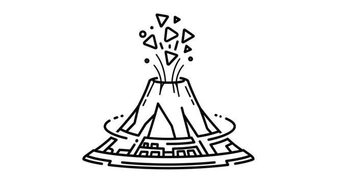 Digital volcano eruption line art icon with exploding geometric shapes and abstract tech base, natural disaster illustration.