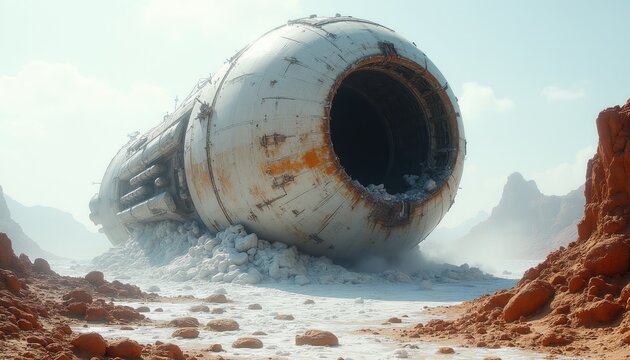 Crashed spaceship wreck lies in dusty desert landscape. Giant debris rests on white rocks and sand. Alien structure is damaged and rusty. Sky is hazy bright.
