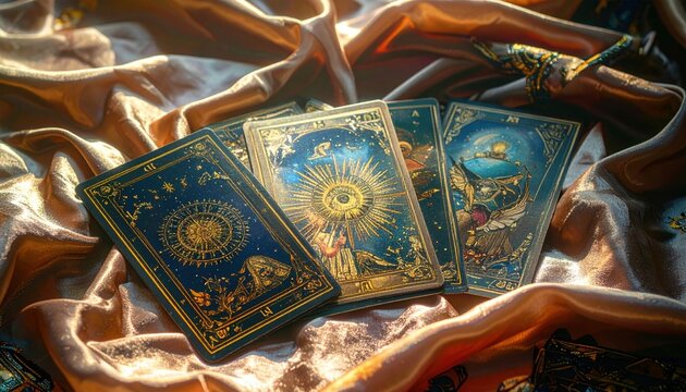 Collection of ornate vintage tarot cards with celestial and symbolic illustrations fanned out on luxurious fabric