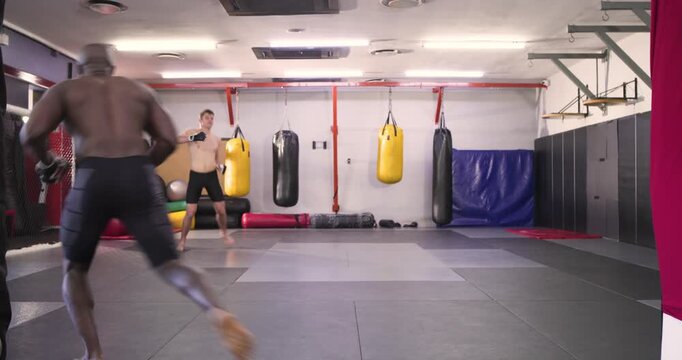 African american fighter starting sparring with partner for training in mma gym