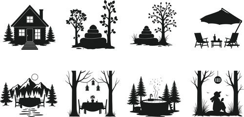 Fototapeta premium Cozy Cabin and Outdoor Leisure Silhouette Set with Nature, Spa, and Relaxation Scenes