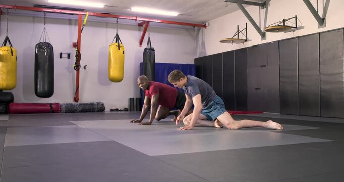 Diverse male friends being prompted shifting cobra stretch, lunge, torso twists at gym
