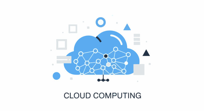 Abstract blue cloud with interconnected nodes, geometric shapes, and text