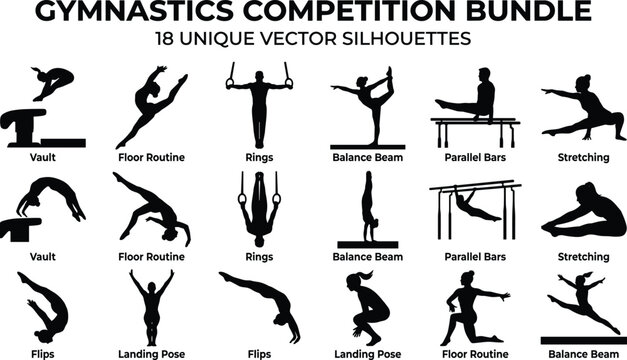 Gymnastics Competition Silhouette Bundle Featuring Vault Rings Balance Beam Parallel Bars Flips and Floor Routines