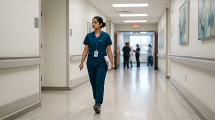 Fototapeta premium A focused female nurse in dark blue scrubs walks down a brightly lit hospital corridor holding a clipboard and pen, with other medical staff blurred in the background