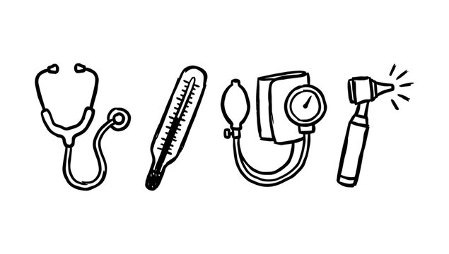 Medical diagnostic doodle line set with stethoscope, thermometer, otoscope, and examination light tool equipment
