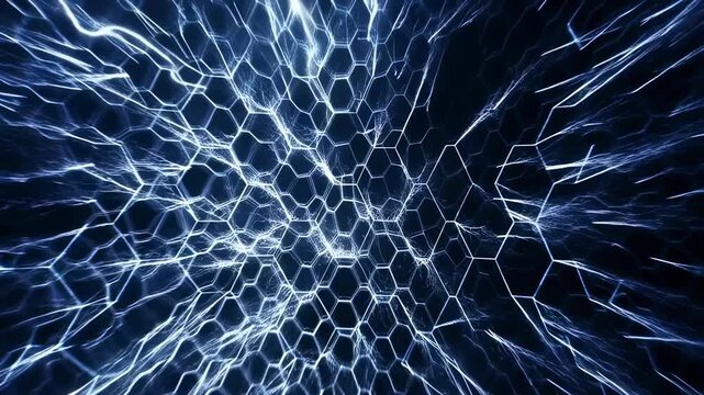 Dynamic blue light patterns on abstract hexagonal grid creating energetic visual movement