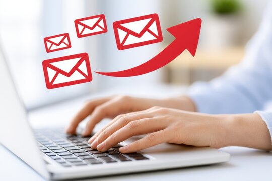 Hands of a person typing on a laptop keyboard with floating email icons and an upward arrow, symbolizing communication and digital interaction in a modern workspace