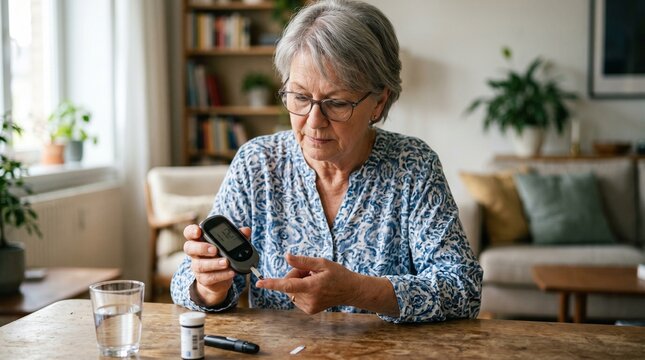 Elderly woman checking blood sugar levels at home with a glucose meter, managing diabetes