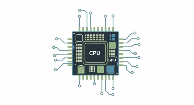 Simplified illustration of a central processing unit (CPU) and graphics processing unit (GPU) on a circuit board