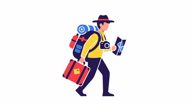 A person in a hat with a backpack, suitcase, and map is walking
